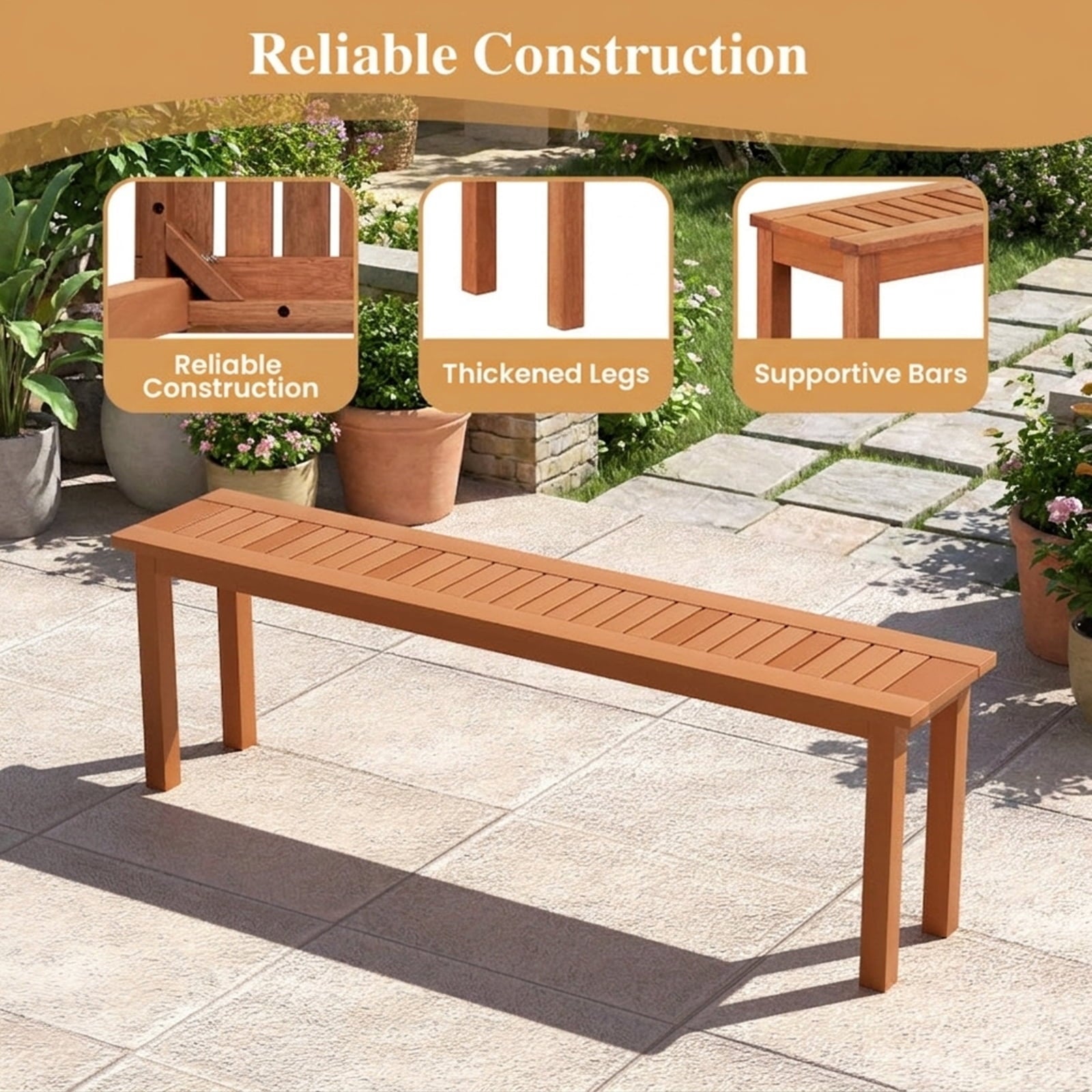 Biotree Outdoor 59 Inch Long Patio Dining Backless Wooden Bench with Teak Oil Finish Stackable Patio Chair for Garden BackyardNatural