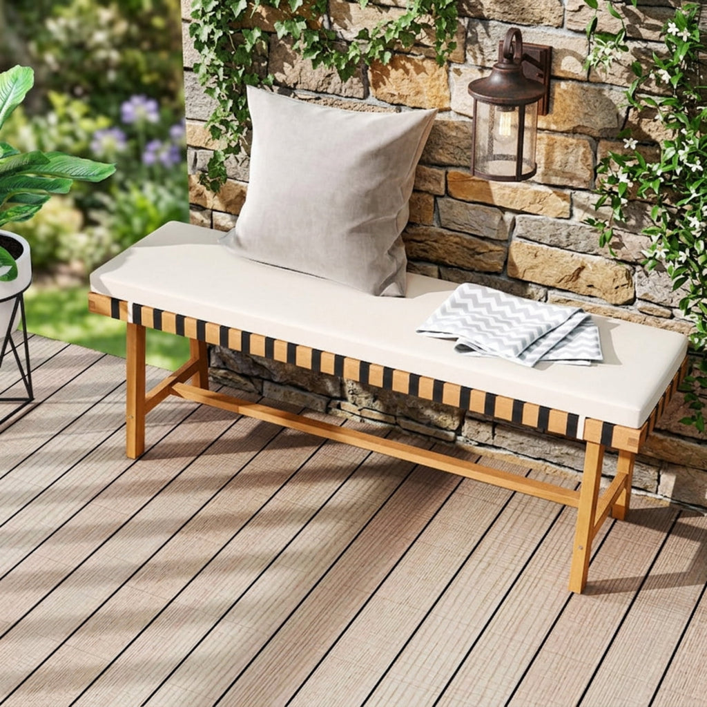Biotree 48 Inch Acacia Wood Outdoor Bench with Thick Padded Seat Cushion Stackable Patio Chair for Garden BackyardNatural+Off White