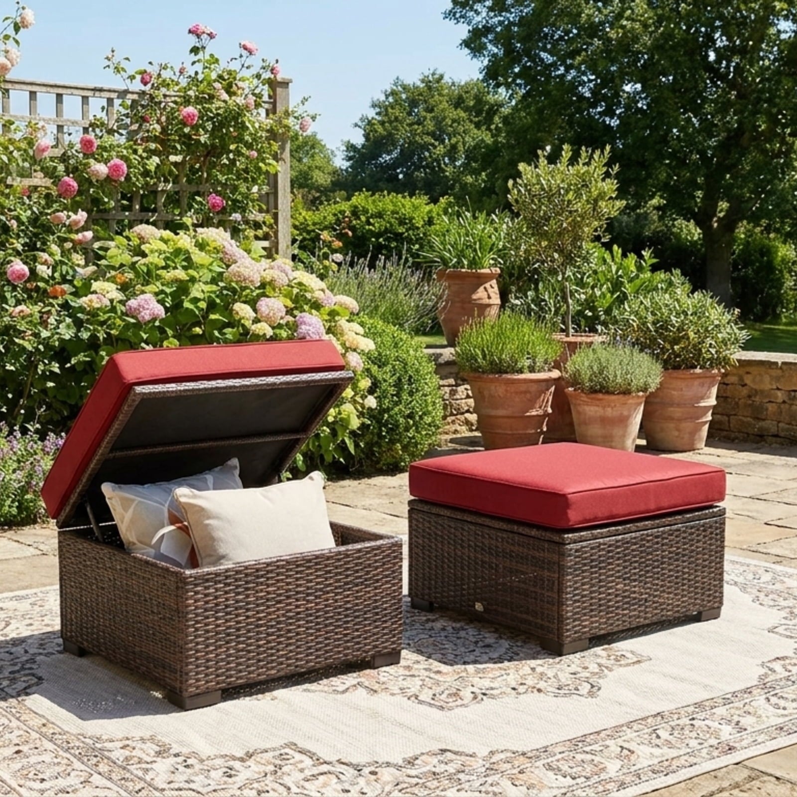 Biotree 2 Pieces Patio Ottoman with Removable Cushions Stackable Patio Chair for Garden BackyardRed