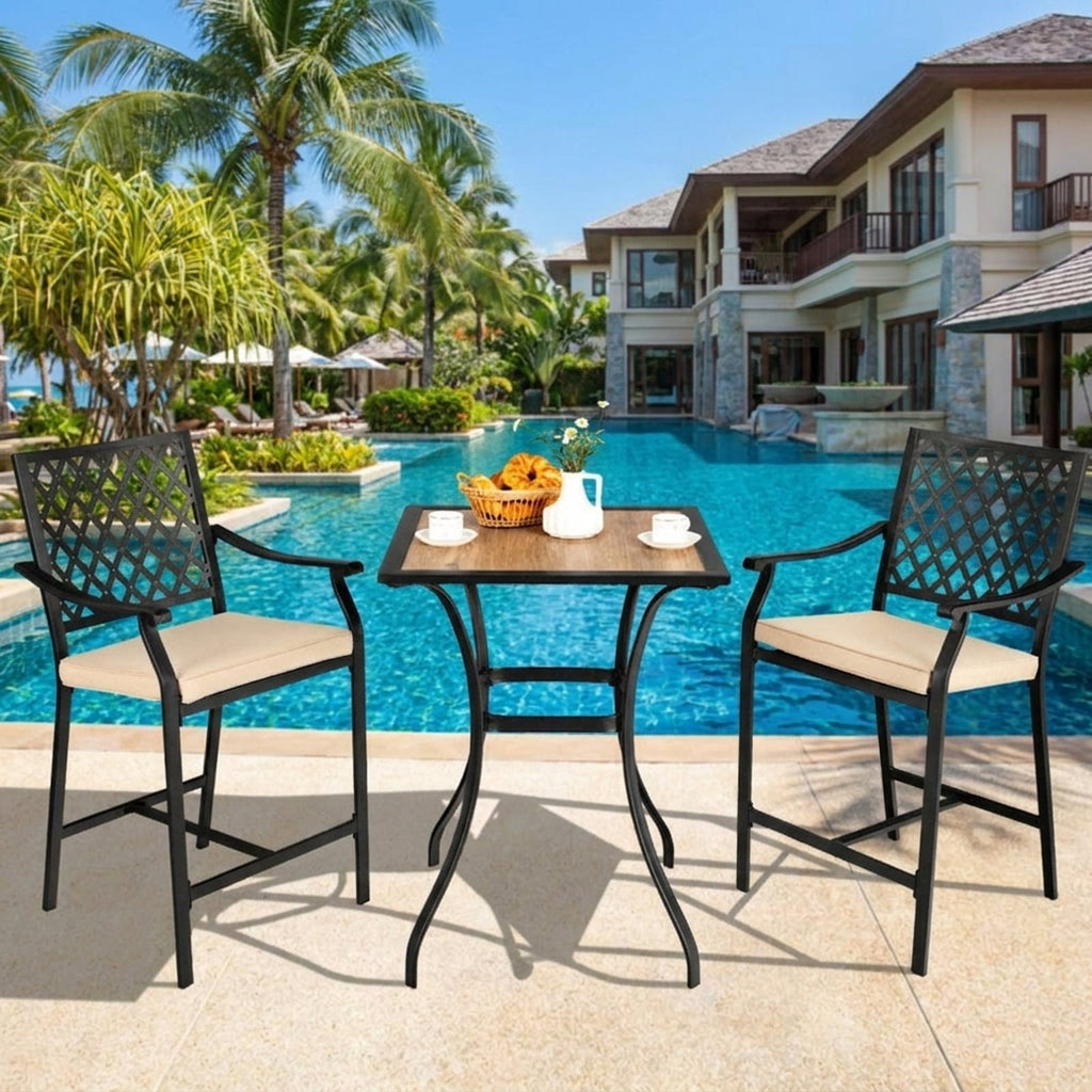 Biotree Set of 2 Patio Bar Stools with Cushioned Seat and Armrests, Black - Outdoor Patio Bar Height Chair with Footrest