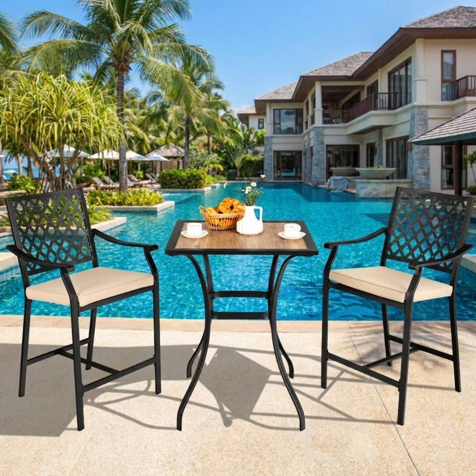 Biotree Set of 2 Patio Bar Stools with Cushioned Seat and Armrests, Black - Outdoor Patio Bar Height Chair with Footrest