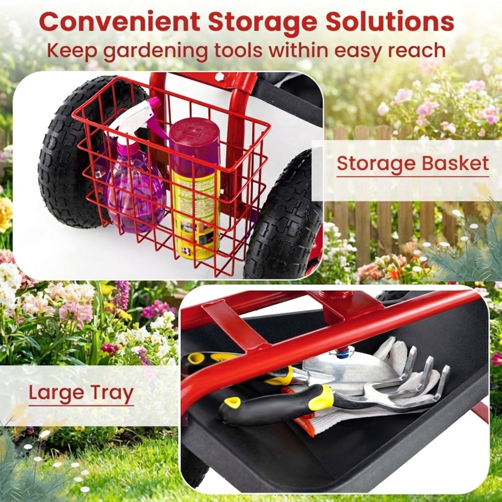 Biotree 4-Wheel Rolling Garden Cart Work Seat for Garden Yard Lawn Work Outdoor, Red