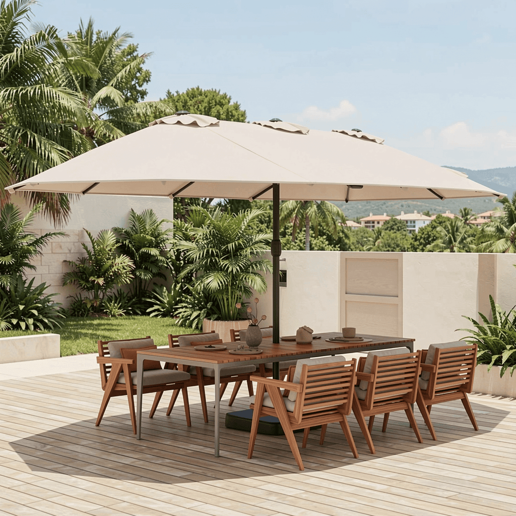 Biotree 15 Feet Double-Sided Twin Patio Umbrella with Crank and Base-Beige Beige Brown Blue Grey Orange Red Turquoise Black