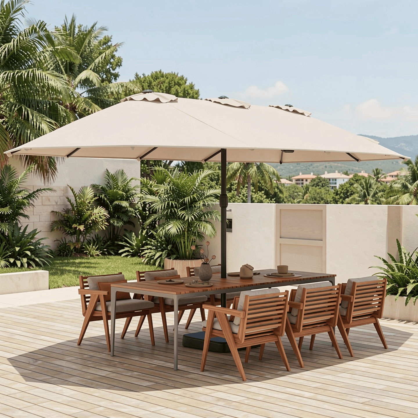 Biotree 15 Feet Double-Sided Twin Patio Umbrella with Crank and Base-Beige Beige Brown Blue Grey Orange Red Turquoise Black