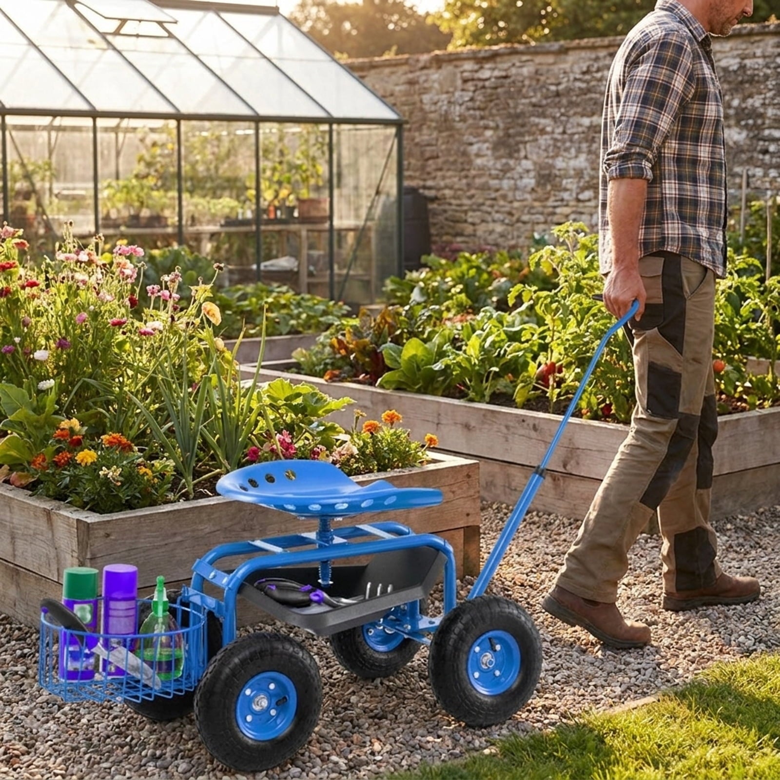 Biotree Extendable Handle Garden Cart Rolling Wagon Scooter for Garden Yard Lawn Work Outdoor, Blue