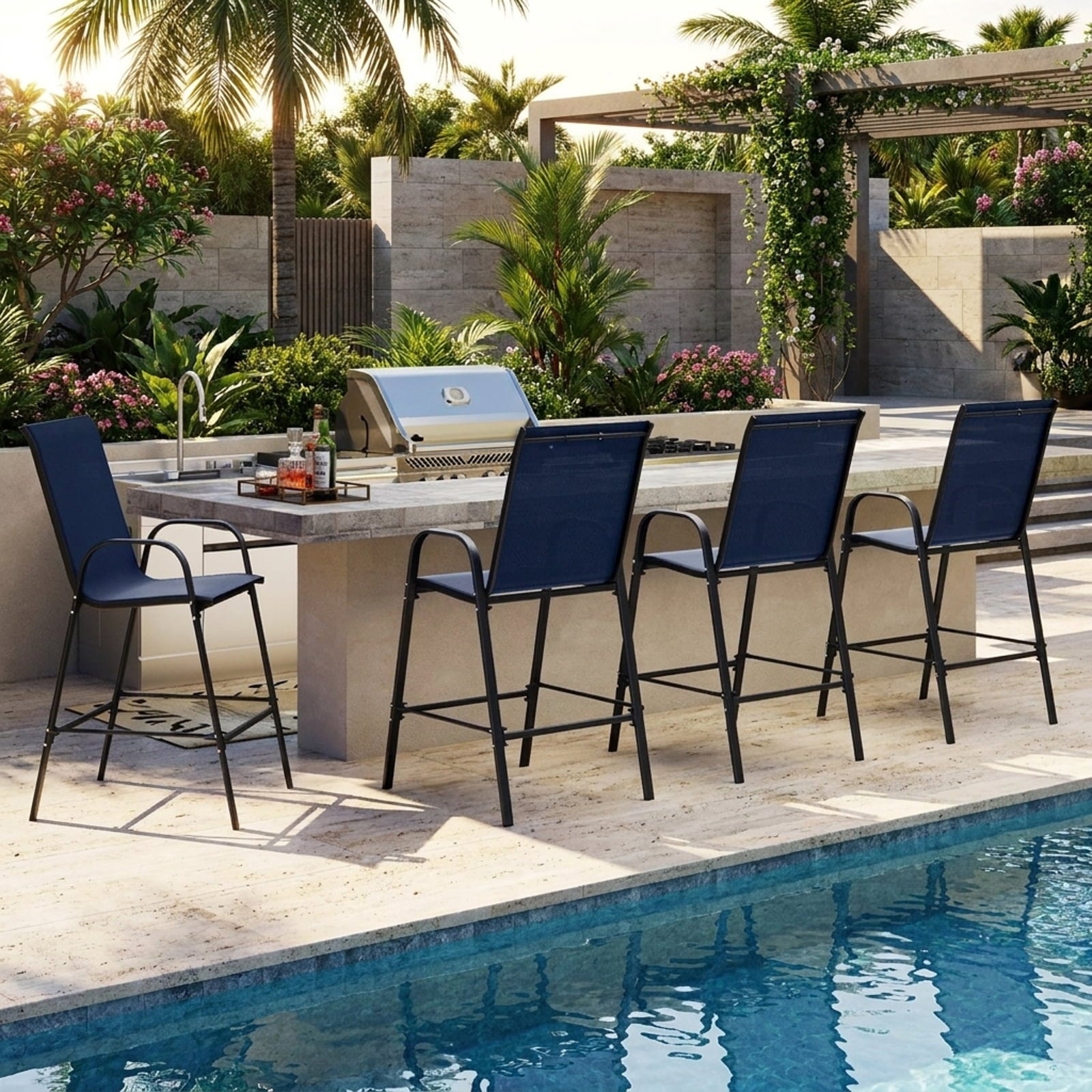 Biotree Set of 2 Outdoor Bar Stools 29-Inch Fabric Patio Bar Chairs with Armrests Inclined Backrest, Navy Blue
