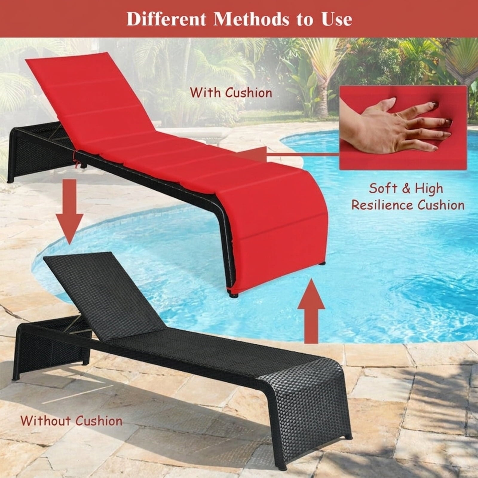 Biotree Patio Rattan Lounge Chair Back Adjustable Chaise Recliner with Cushioned Stackable Patio Chair for Garden BackyardRed