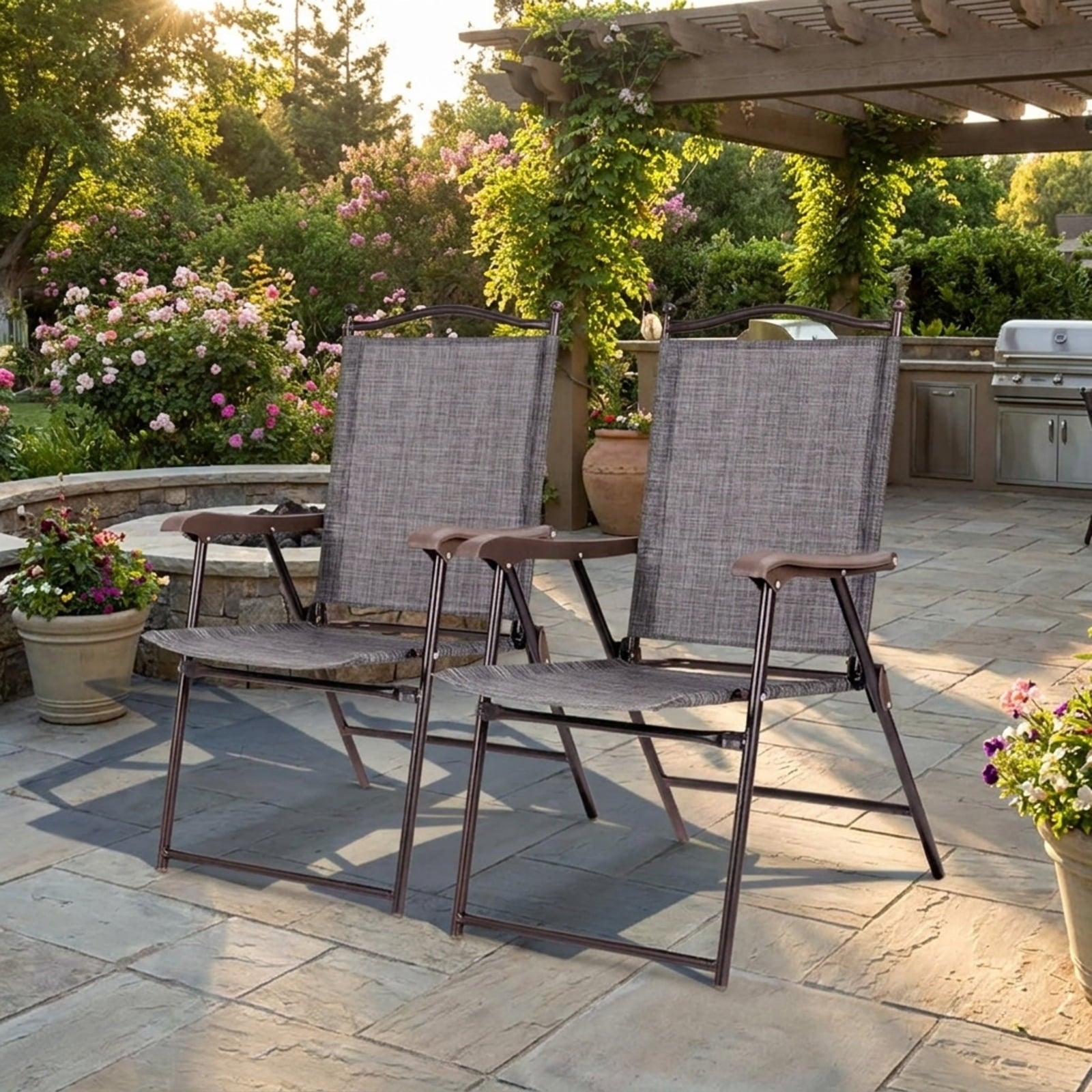 Biotree Set of 2 Patio Folding Sling Back Camping Deck Chairs Stackable Patio Chair for Garden BackyardGray