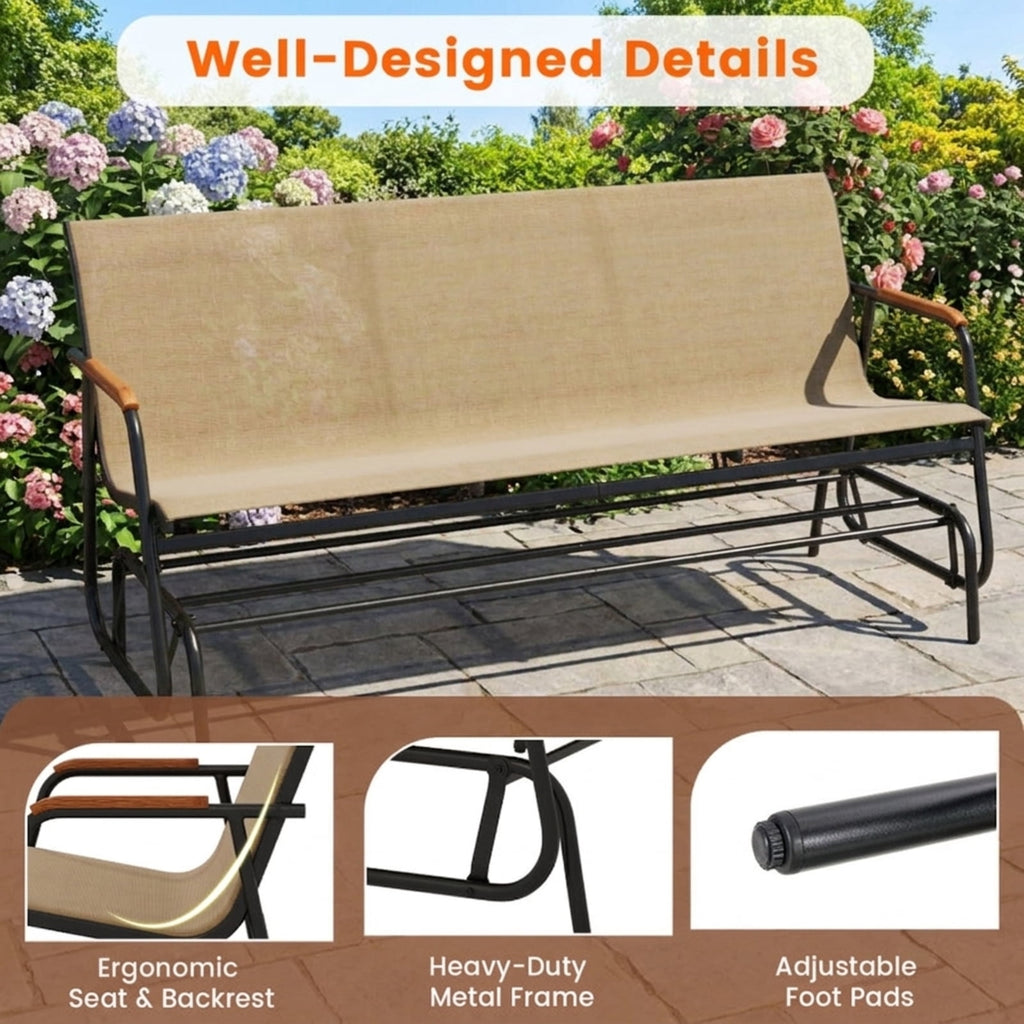 Biotree Patio Glider Bench with Curved Teak Armrests and Breathable Fabric Seat for 3 People Stackable Patio Chair for Garden BackyardBrown