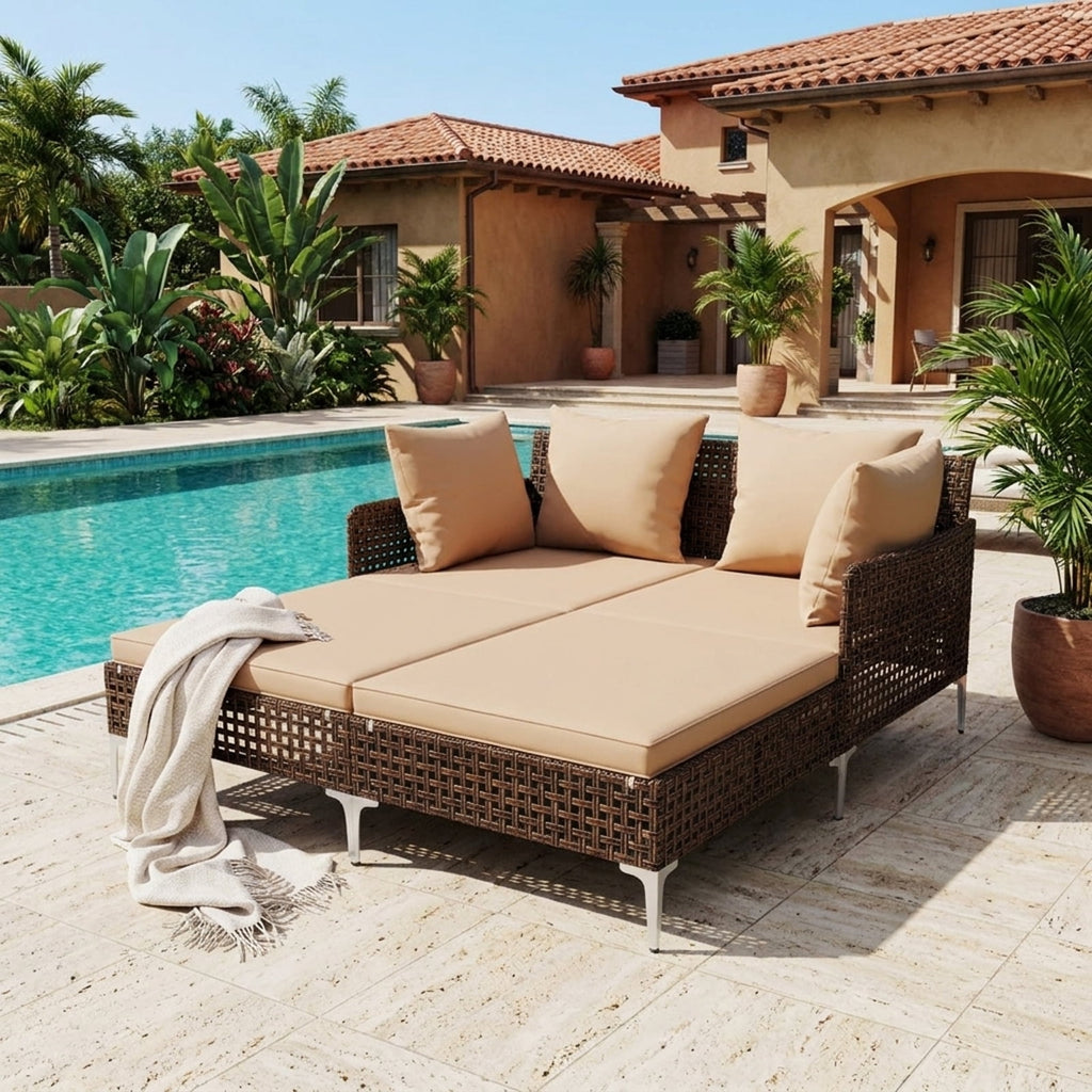 Biotree Outdoor Rattan Double Daybed Wicker Chaise Lounge Stackable Patio Chair for Garden BackyardBrown