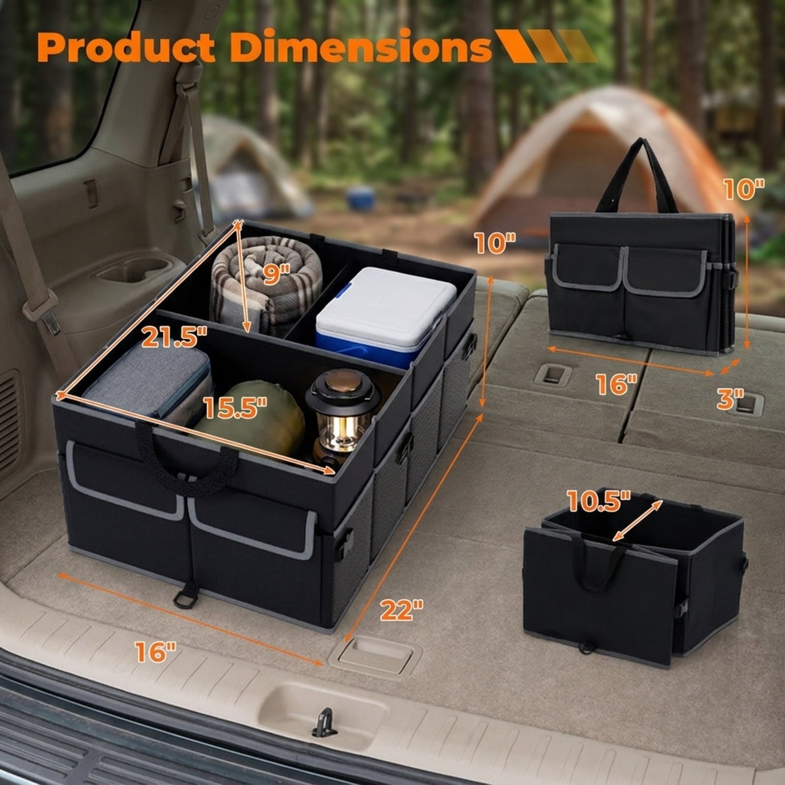 Biotree 13 Gallon Car Trunk Organizer Removable Divider 6 Pockets Foldable - Black