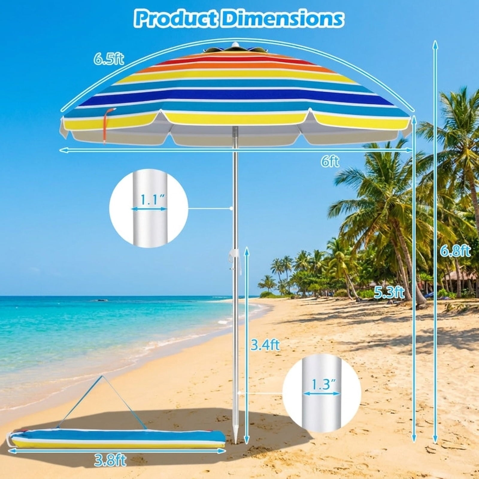 Biotree 6.5 ft Portable Beach Umbrella with Carrying Bag, 6 Ribs, Sand Tilt Mechanism - Multicolor for Backyard