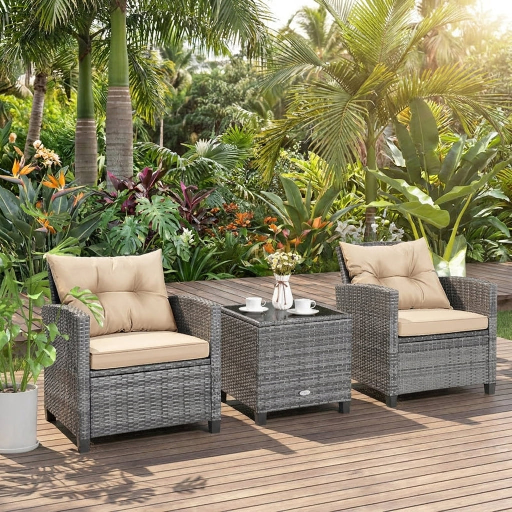 Biotree 3 Pieces Outdoor Wicker Conversation Set with Tempered Glass Tabletop Outdoor Conversation Set for Garden Backyard PorchBeige