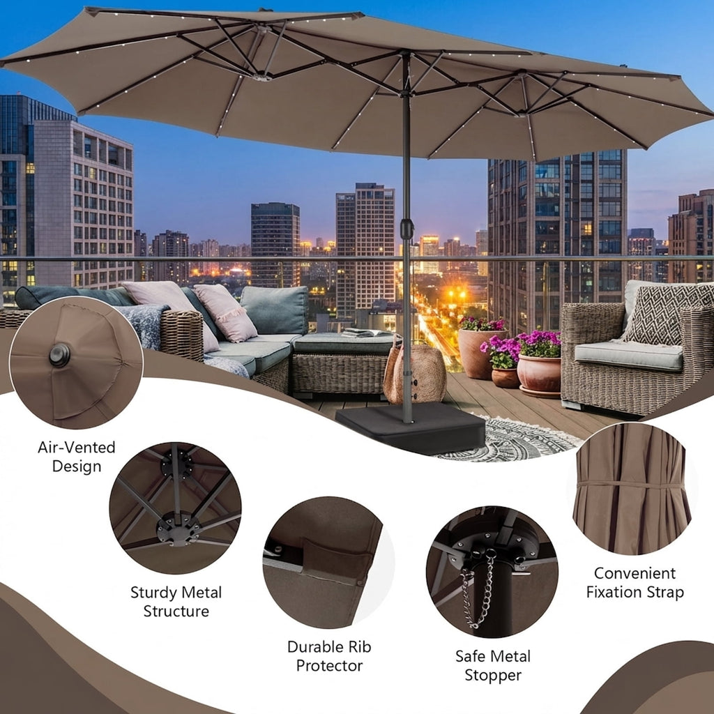 Biotree 15 Feet Double-Sided Patio Umbrella with 48 LED Lights-Brown Outdoor Backyard Deck Garden Pool