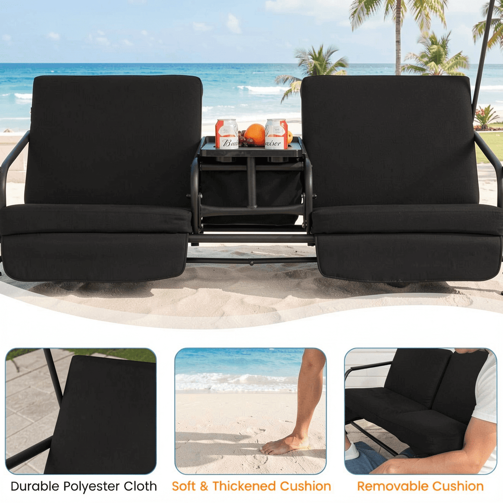Biotree Porch Swing Chair with Adjustable Canopy and Rotatable Side Tray, 265 LBS Capacity Patio Hammock Glider Bench Cooler Bag for Garden Yard Deck, Black