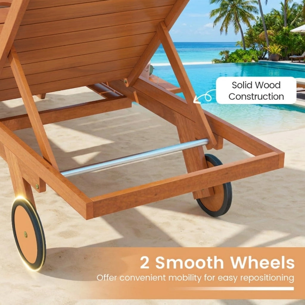 Biotree Outdoor Chaise Lounge Chair with Wheels 4-Position Patio Wood Recliner with Adjustable BackrestNatural