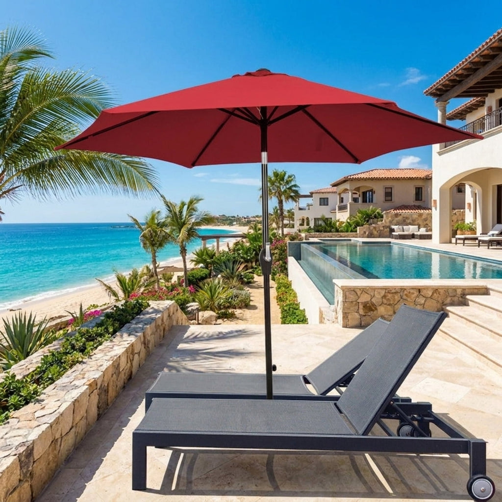 Biotree 9 ft Market Patio Umbrella with Crank and Tilt, 8 Sturdy Ribs, Vented Canopy - Burgundy for Backyard