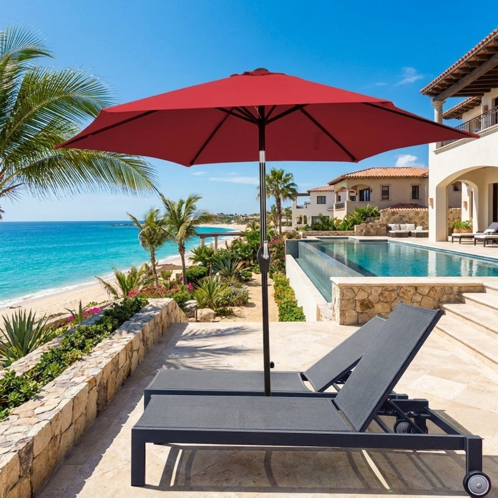 Biotree 9 ft Market Patio Umbrella with Crank and Tilt, 8 Sturdy Ribs, Vented Canopy - Burgundy for Backyard