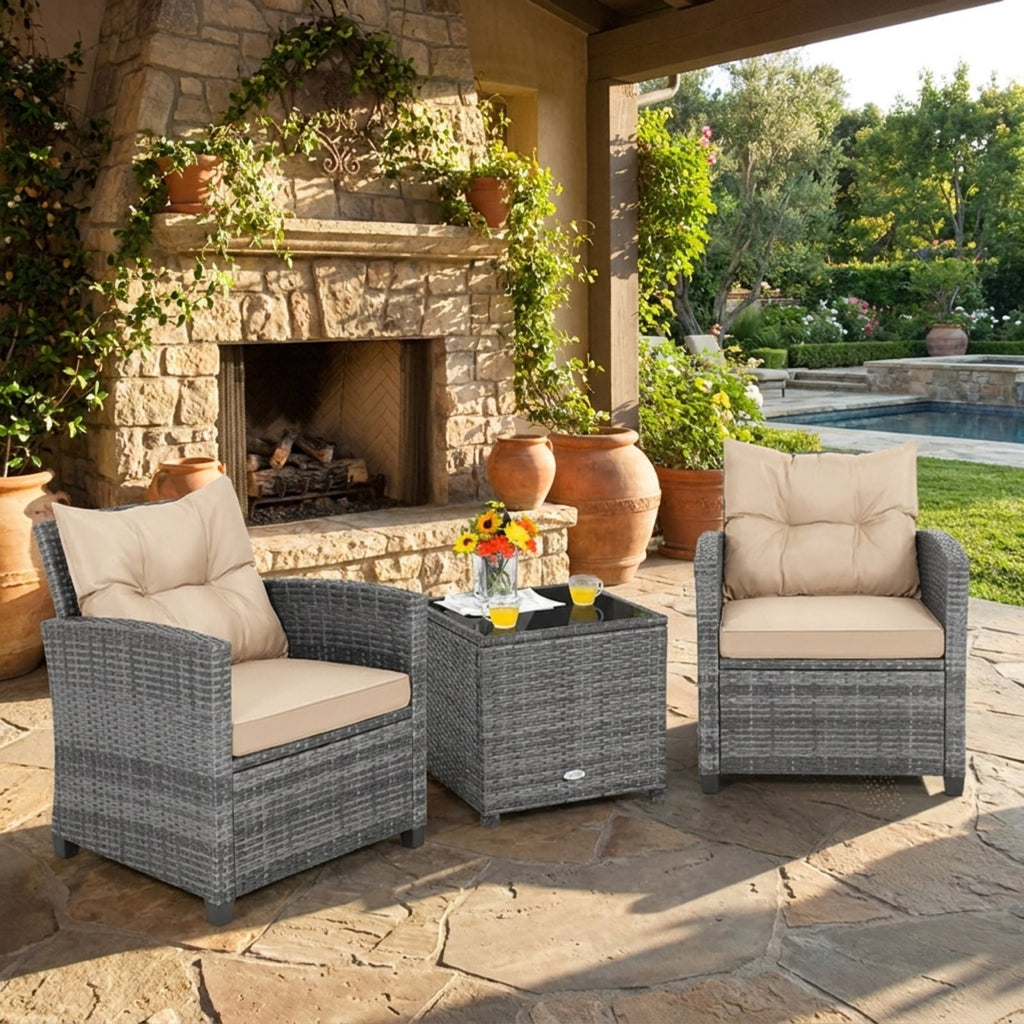 Biotree 3 Pieces Outdoor Wicker Conversation Set with Tempered Glass Tabletop Outdoor Conversation Set for Garden Backyard PorchBeige