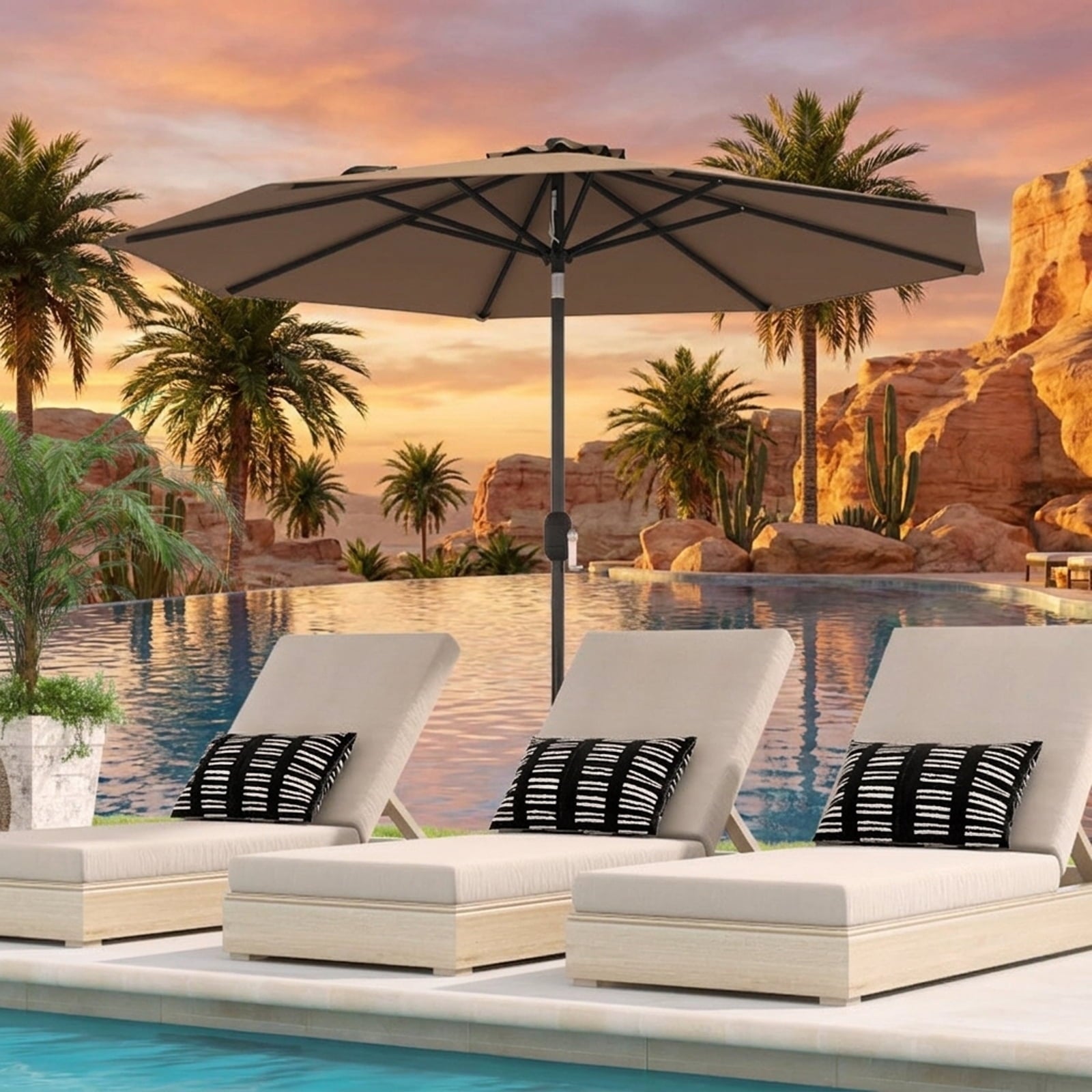 Biotree 9 ft Market Patio Umbrella with Crank and Tilt, 8 Sturdy Ribs, Vented Canopy - Tan for Backyard