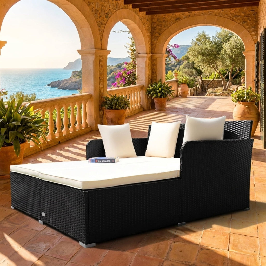 Biotree Spacious Outdoor Rattan Daybed with Upholstered Cushions and Pillows Outdoor Conversation Set for Garden Backyard PorchWhite