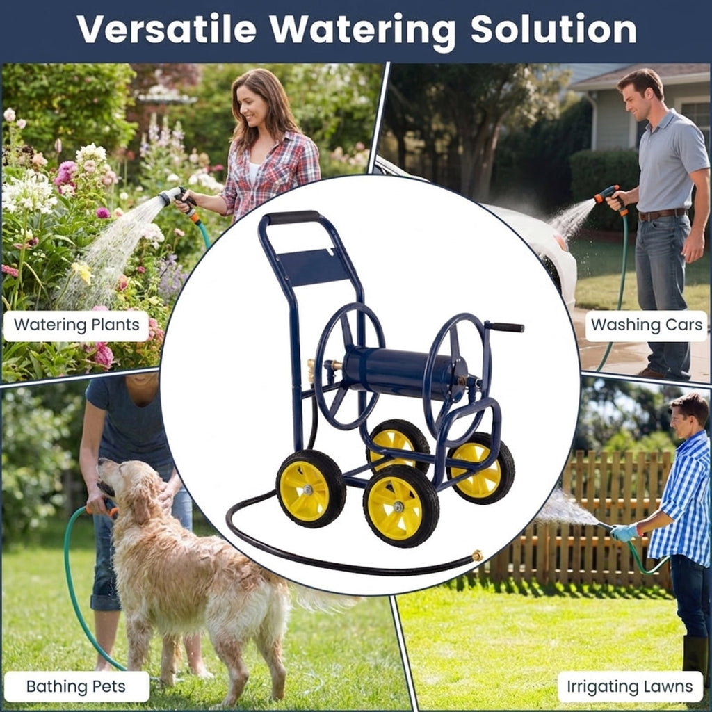 Biotree Garden Hose Reel Cart 4 Wheels Heavy-Duty Metal Water Hose Organizer Portable for Garden Yard Lawn Watering Outdoor, Blue