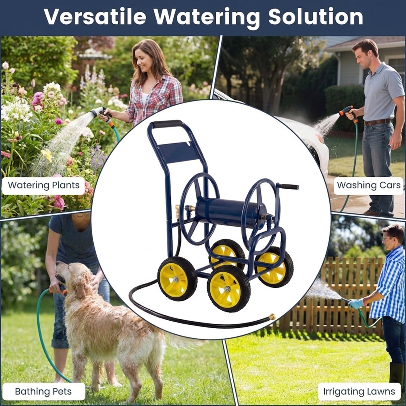 Biotree Garden Hose Reel Cart 4 Wheels Heavy-Duty Metal Water Hose Organizer Portable for Garden Yard Lawn Watering Outdoor, Blue