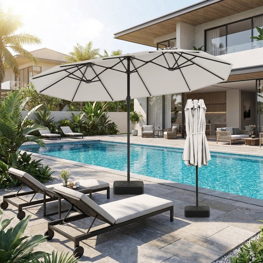 Biotree 15 Feet Double-Sided Twin Patio Umbrella with Crank and Base-Beige Beige Brown Blue Grey Orange Red Turquoise Black