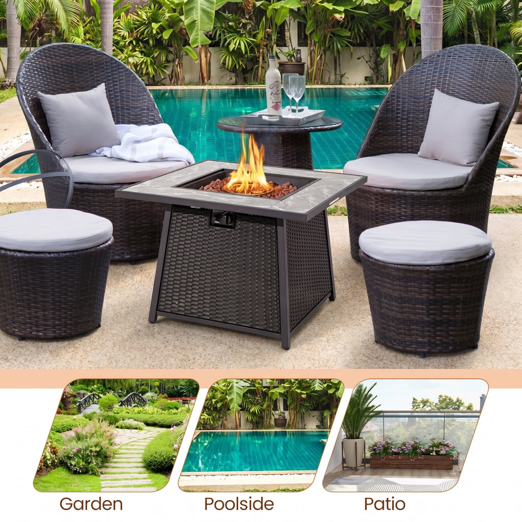 Biotree 35 Inch Propane Gas Fire Pit Table Wicker Rattan with Lava Rocks PVC Cover for Outdoor Patio Backyard Garden Camping, Black