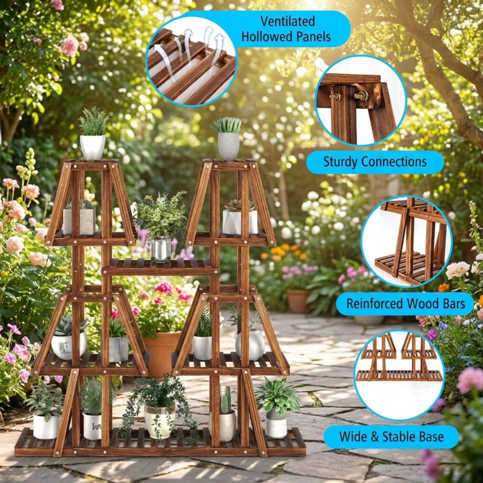 Biotree 5-Tier 10 Potted Wood Plant Stand for Multiple Plants for Indoor Outdoor Patio Balcony Garden, Brown