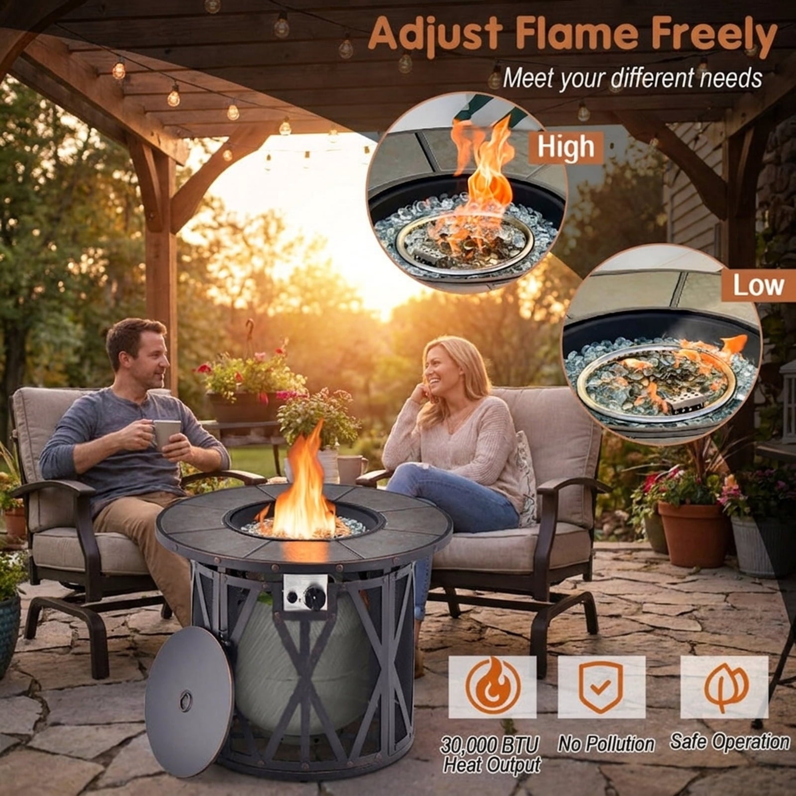 Biotree 32 Inch 30000BTU Fire Pit Table with Fire Glasses and PVC Cover for Outdoor Patio Backyard Garden Camping, Black Gray