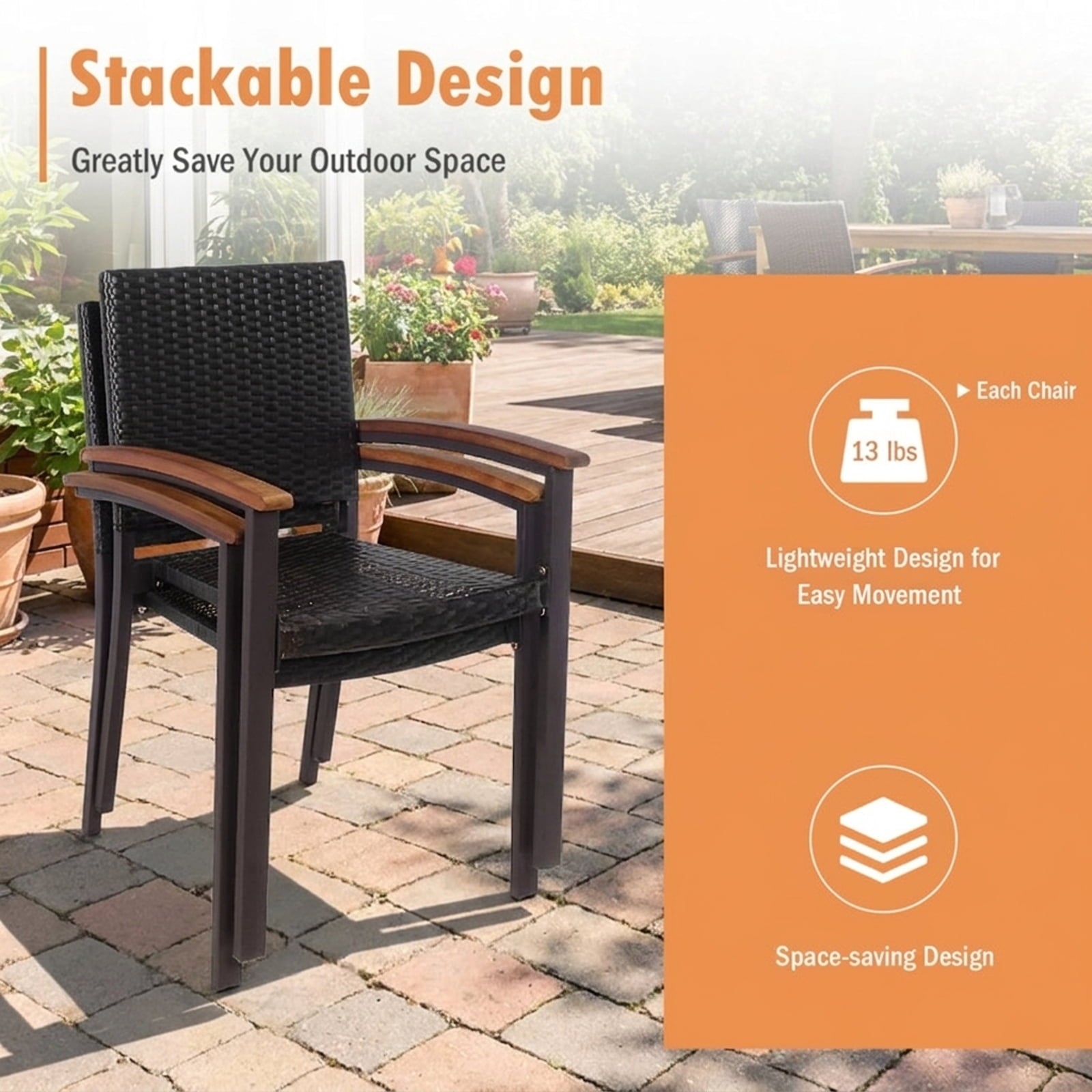 Biotree Set of 2 Outdoor Patio PE Rattan Dining Chairs Stackable Patio Chair for Garden Backyard
