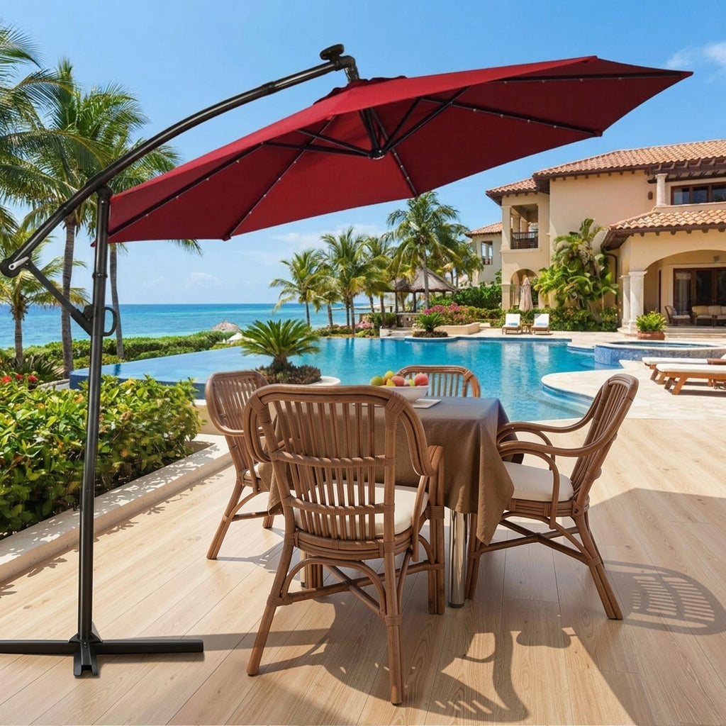 Biotree 10 ft Solar Offset Hanging Umbrella with 40 LED Lights Cross Base Included 180G Polyester Canopy for Patio Outdoor - Beige
