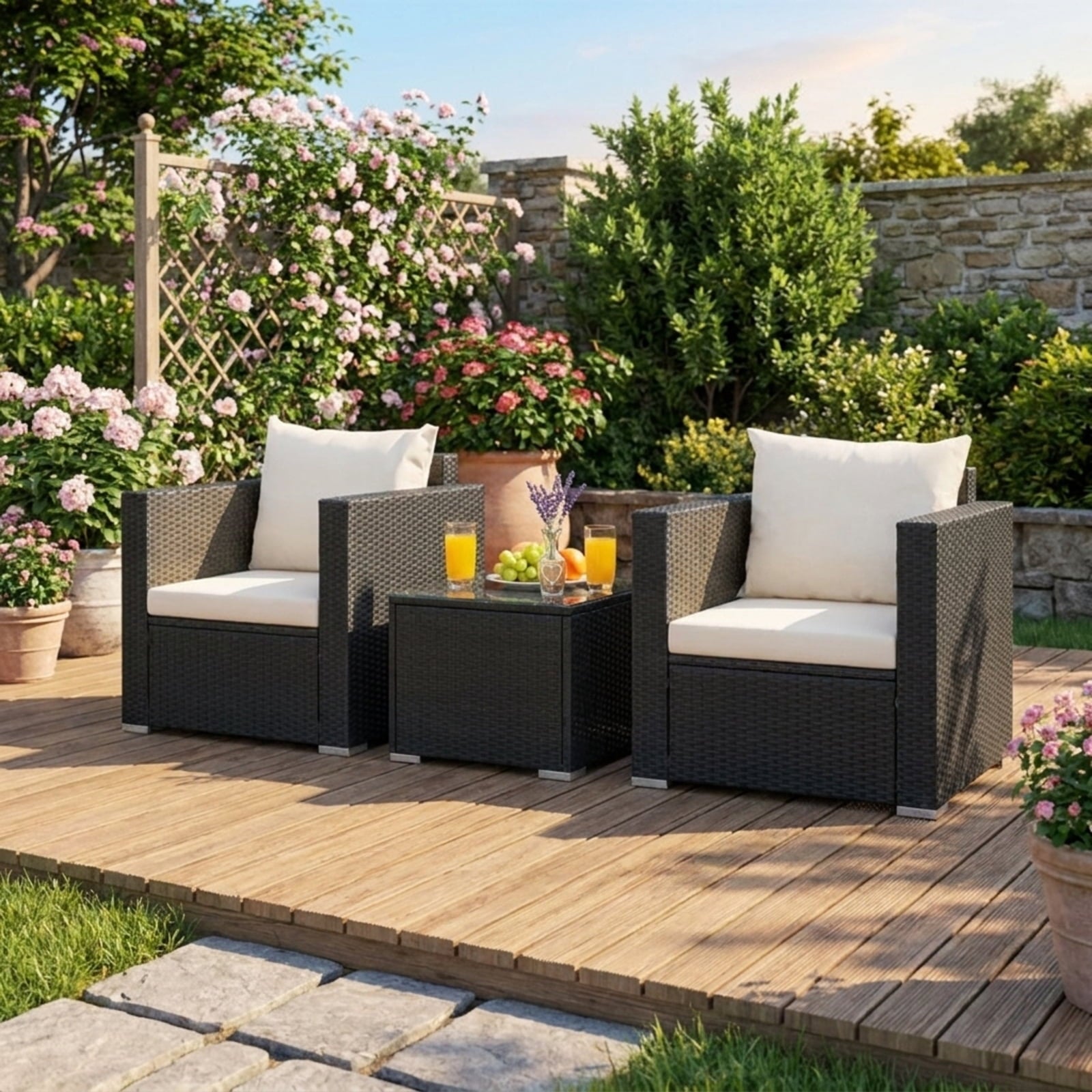 Biotree 3 Pieces Patio Wicker Conversation Set with Cushion Outdoor Conversation Set for Garden Backyard PorchWhite