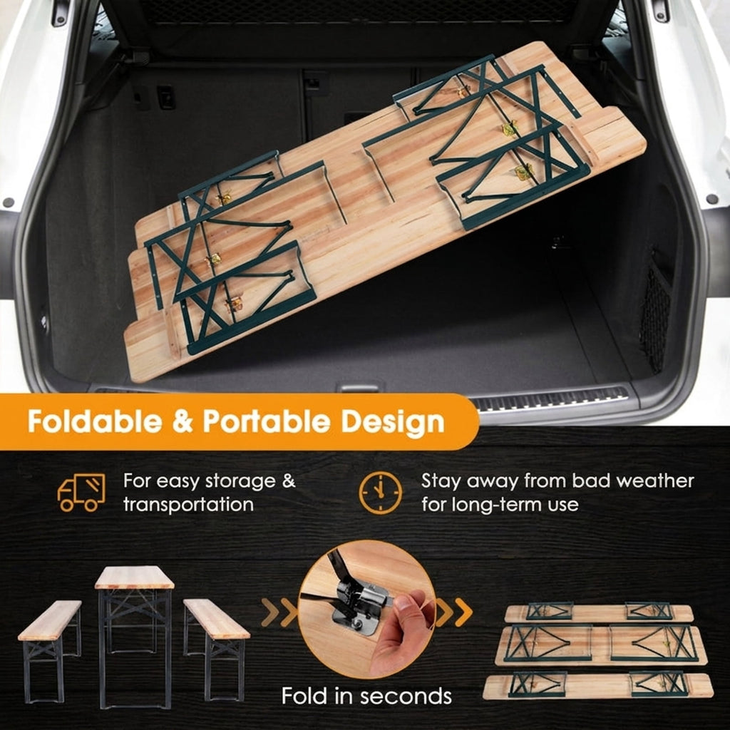 Biotree 70-Inch 3 Pieces Folding Wooden Picnic Table Bench Set, Natural Black