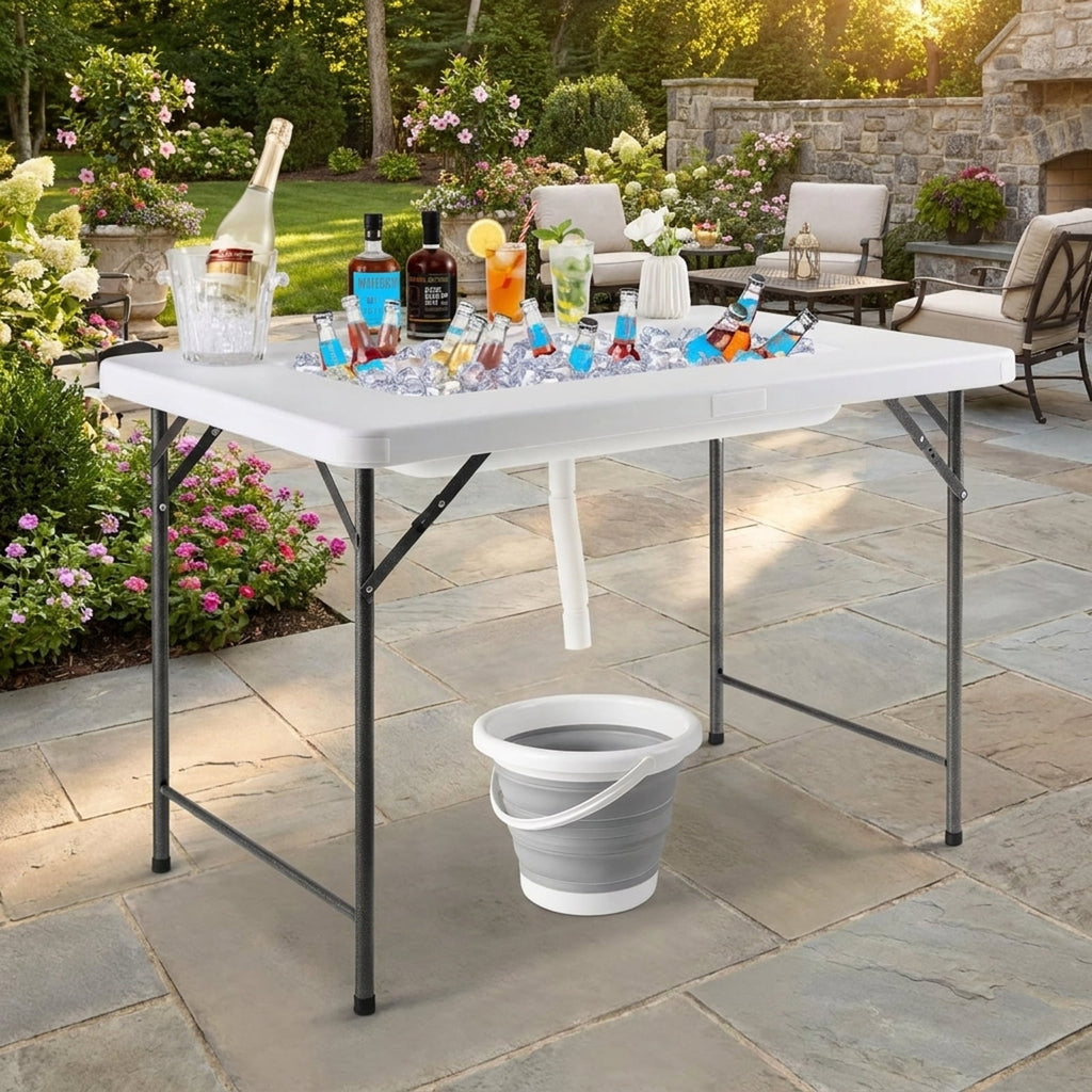 Biotree 4 Feet Folding Ice Bin Table with Skirt for Camping Picnic Wedding with Ice Bucket, White