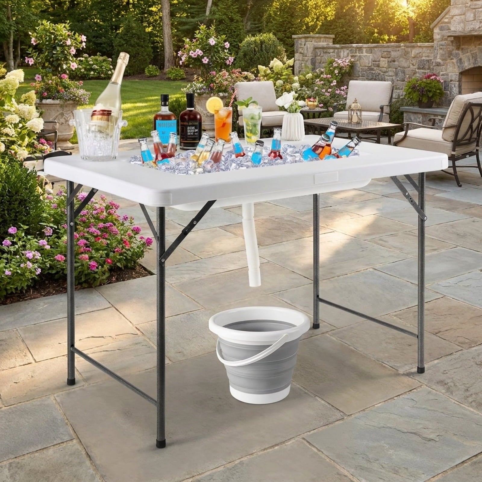 Biotree 4 Feet Folding Ice Bin Table with Skirt for Camping Picnic Wedding with Ice Bucket, White