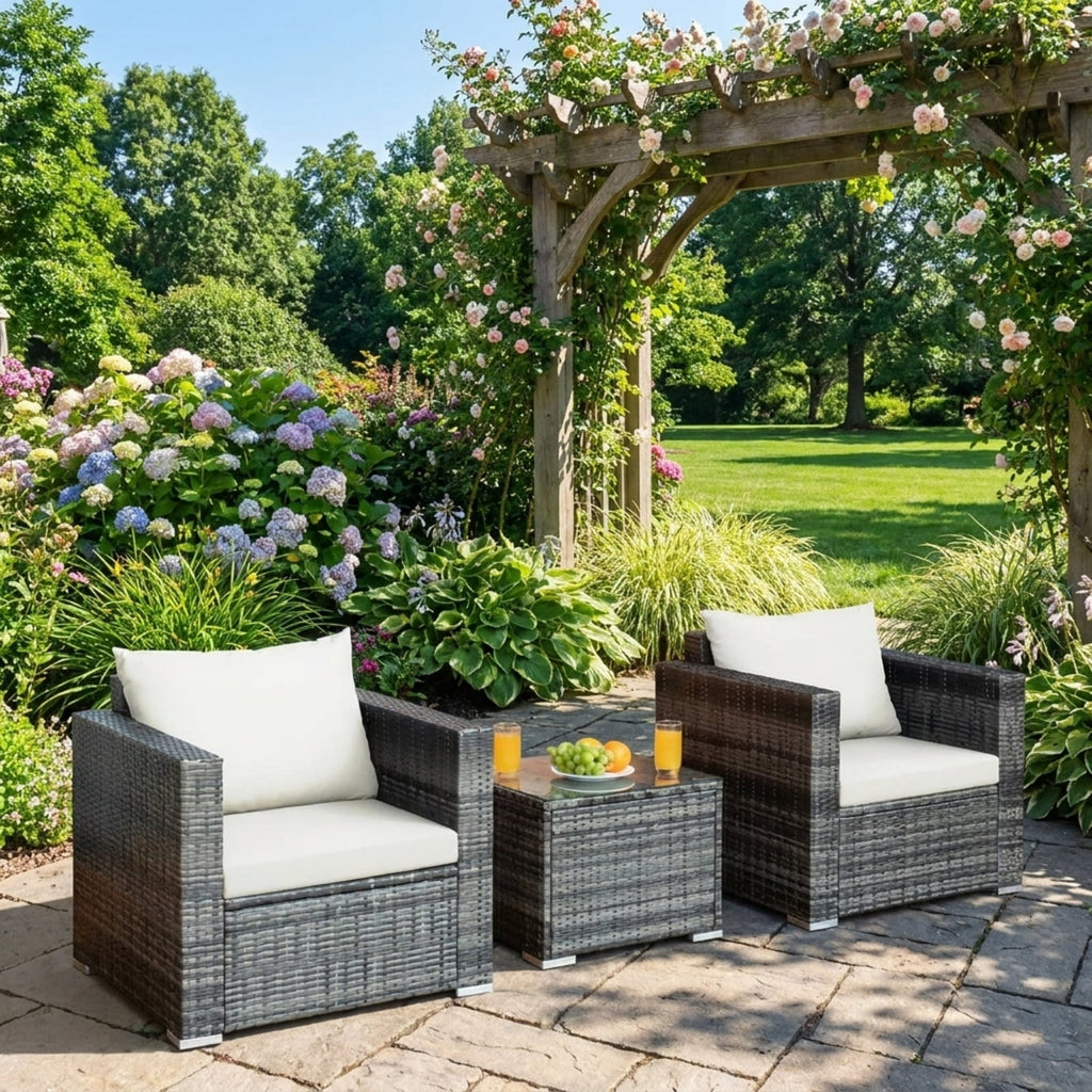 Biotree 3 Pcs Patio Rattan Furniture Bistro Sofa Set with Cushioned Outdoor Conversation Set for Garden Backyard PorchWhite