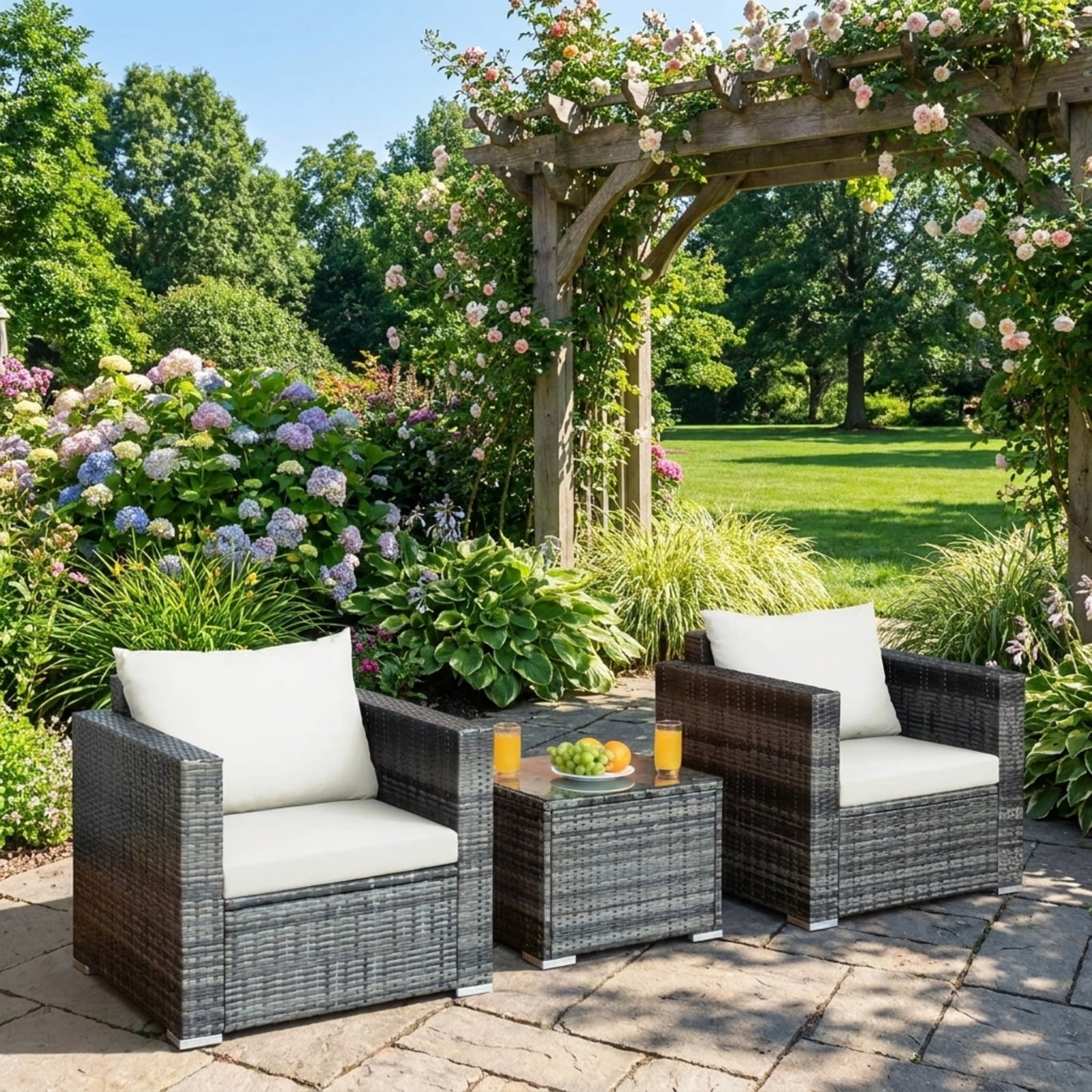 Biotree 3 Pcs Patio Rattan Furniture Bistro Sofa Set with Cushioned Outdoor Conversation Set for Garden Backyard PorchWhite