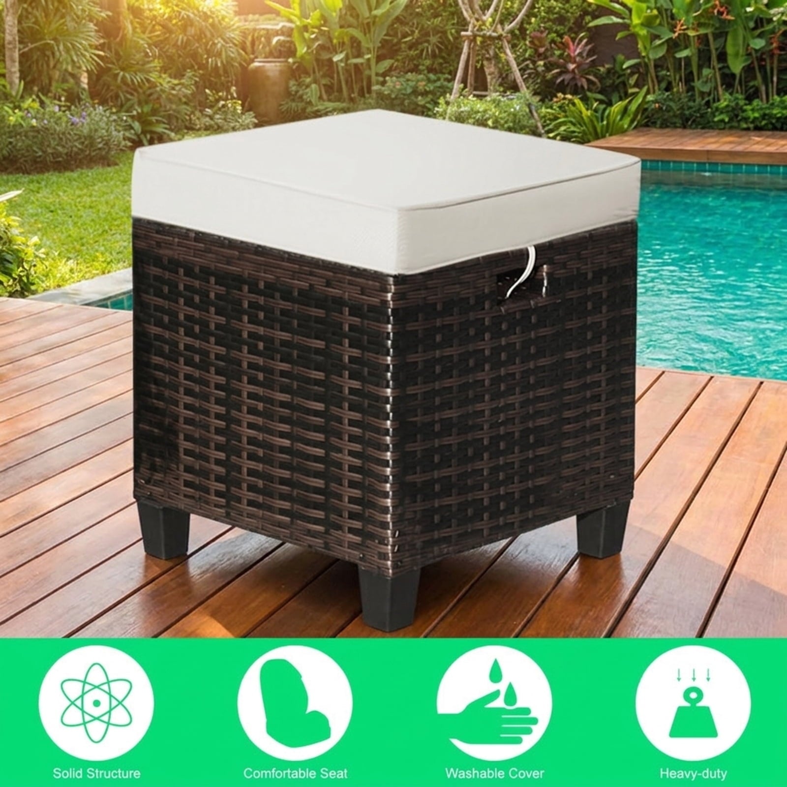 Biotree 2 Pieces Patio Rattan Ottoman Set with Removable Cushions Stackable Patio Chair for Garden BackyardBeige