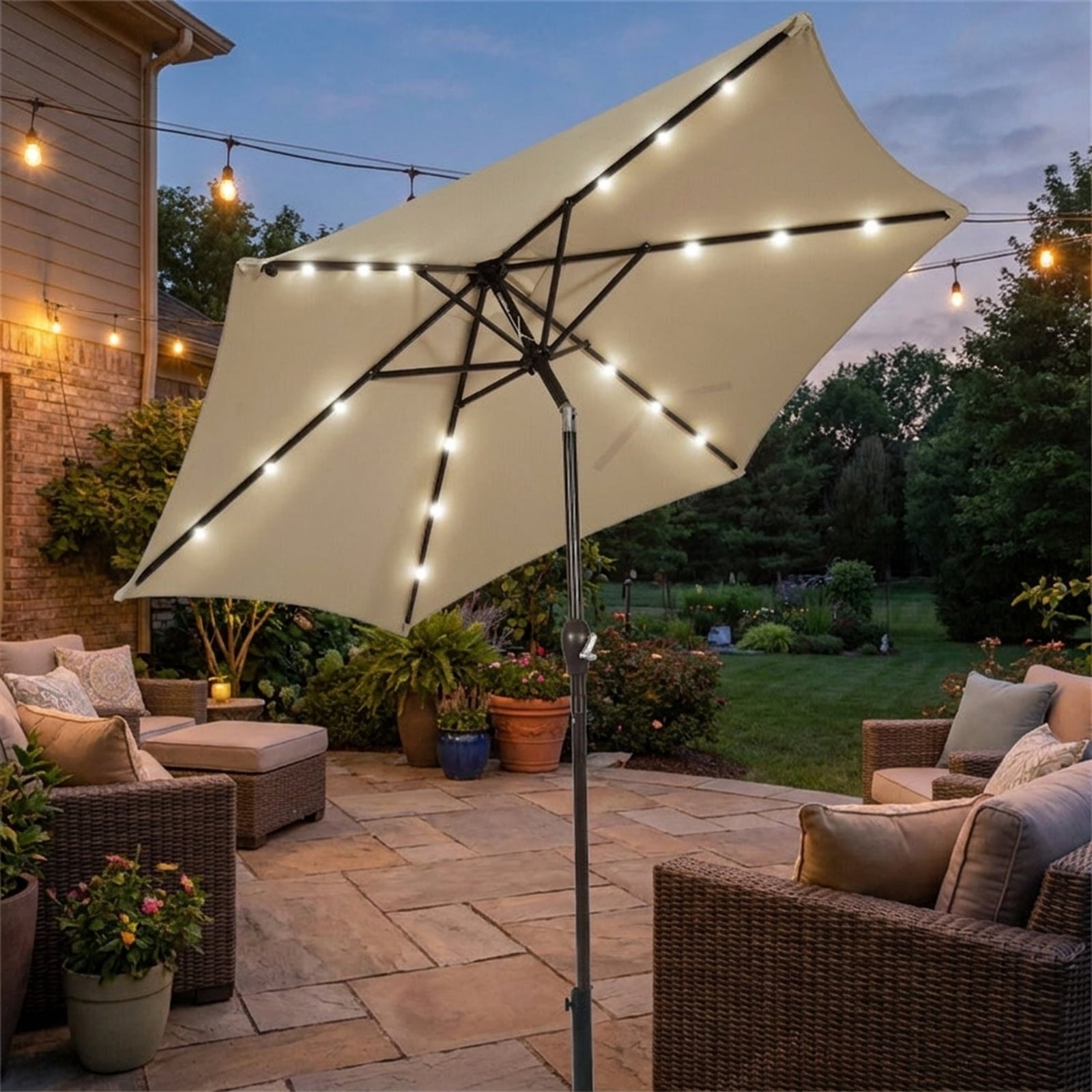 Biotree 9 ft Solar LED Market Patio Umbrella with Crank and Tilt, 6 Sturdy Ribs, Vented Canopy - Tan
