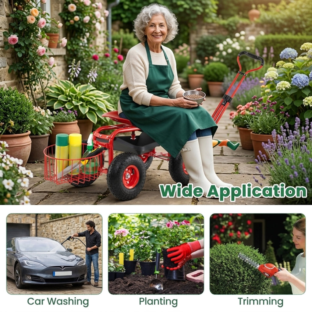 Biotree Rolling Garden Cart with 360¡ã Swivel Seat, Height Adjustable Garden Scooter, Heavy Duty Yard Cart with Tool Tray and Storage Basket for Gardening Weeding Yard Work Red