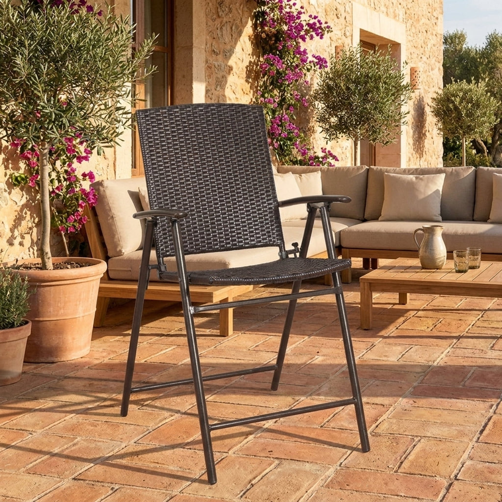 Biotree Set of 4 Folding Bar Chairs PE Wicker Outdoor Indoor Folding Bar Stools with Footrests and Armrests, Brown