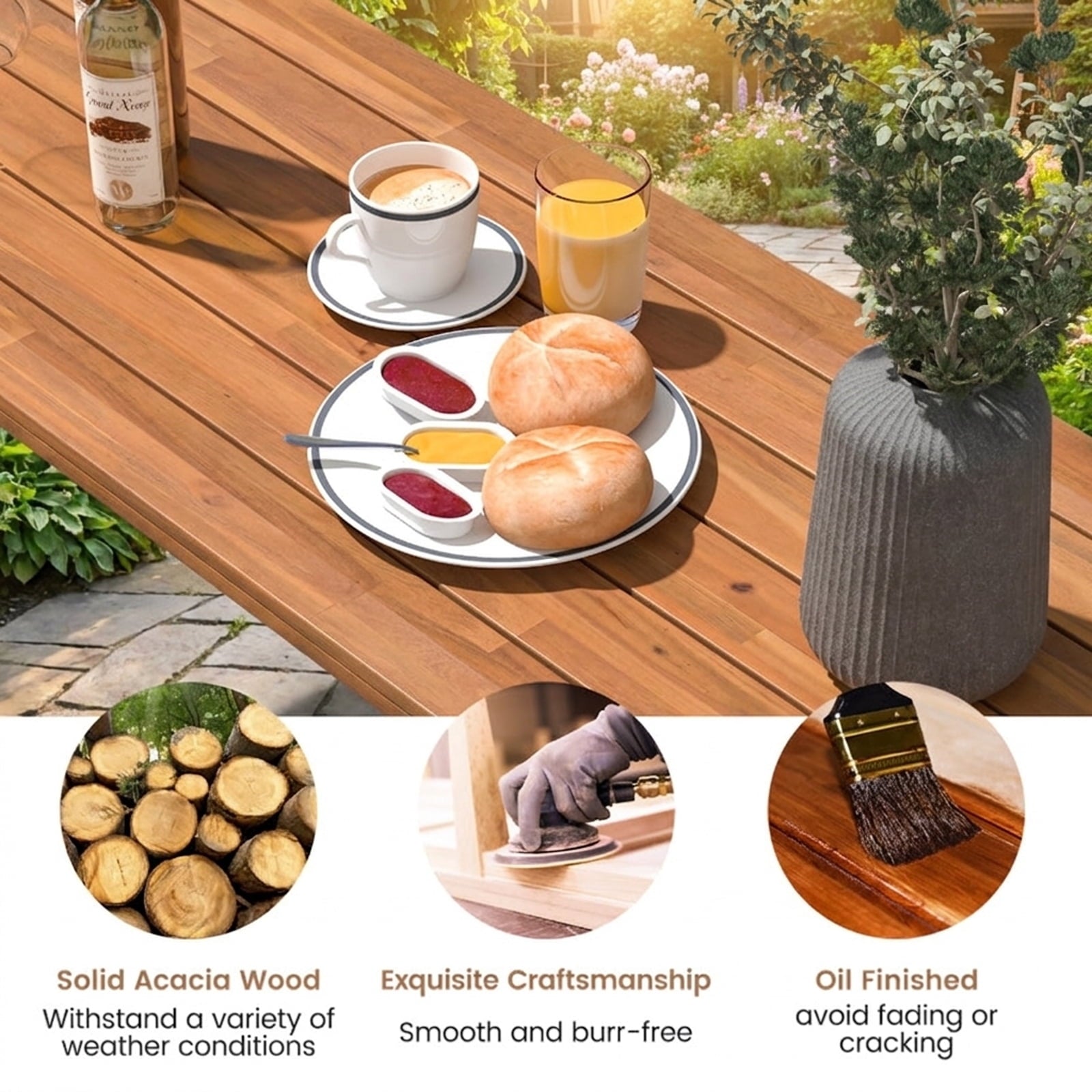 Biotree Folding Picnic Table Acacia Wood Dining Table with Metal Frame for Indoor Outdoor Activities, Natural