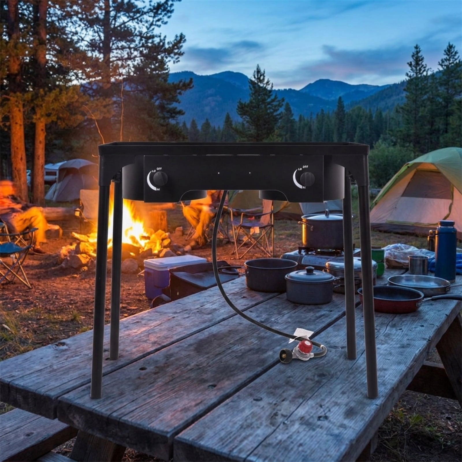 Biotree 150000 BTU Double Burner Outdoor Stove BBQ Grill for Outdoor Camping Backyard Patio Cooking, Black
