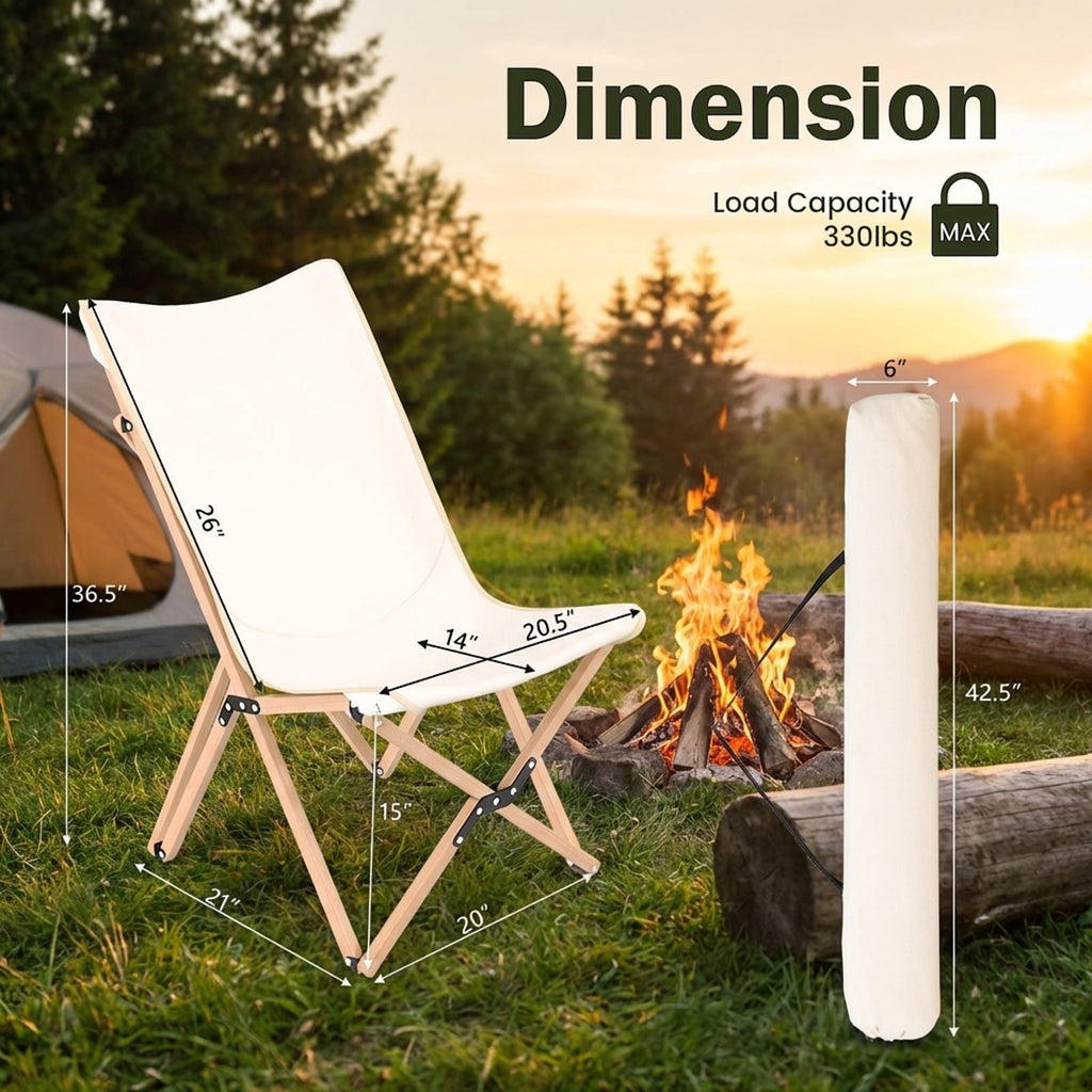 Biotree Set of 2 Lightweight Bamboo Folding Chairs with Storage Pocket and Carry Bag for Camping Beach Fishing Outdoor, Beige