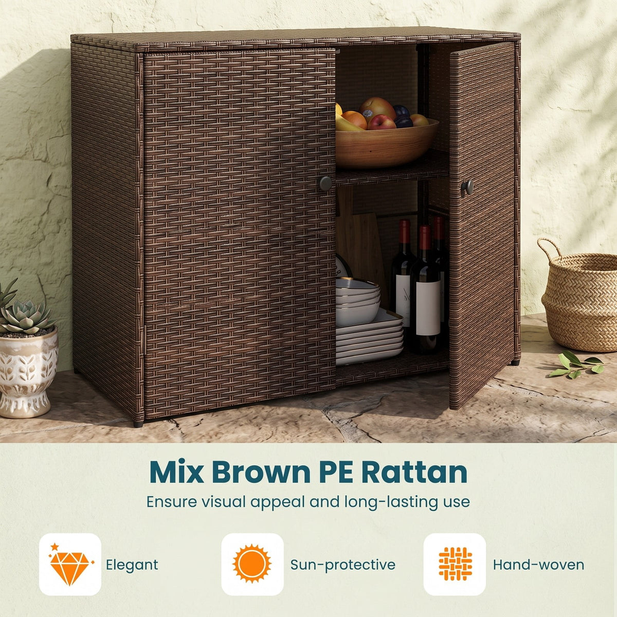Biotree Outdoor PE Wicker Storage Cabinet with 3 Doors, Weatherproof Rattan Deck Box with Countertop, Adjustable Shelves Drawer for Patio Garden Deck, Brown