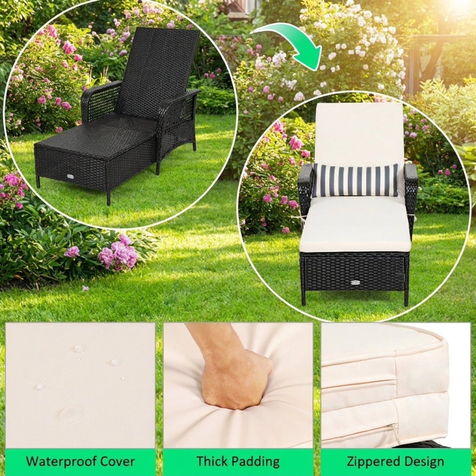 Biotree PE Rattan Chaise Lounge Chair Arm Chair Recliner Adjustable with Pillow Stackable Patio Chair for Garden BackyardBrown/Black