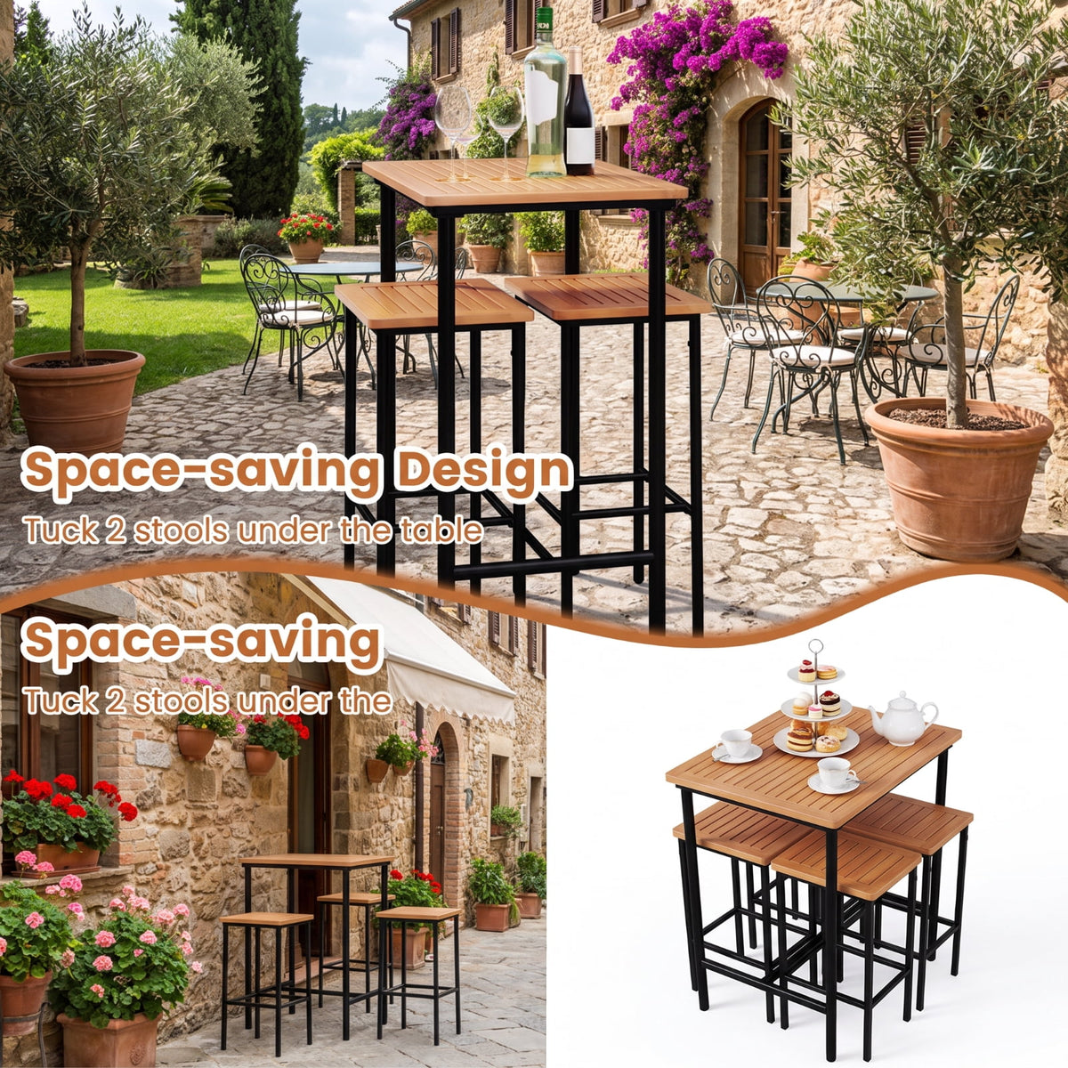 Biotree 3-Piece Acacia Wood Outdoor Bistro Set with Bar Table and 2 Stools
