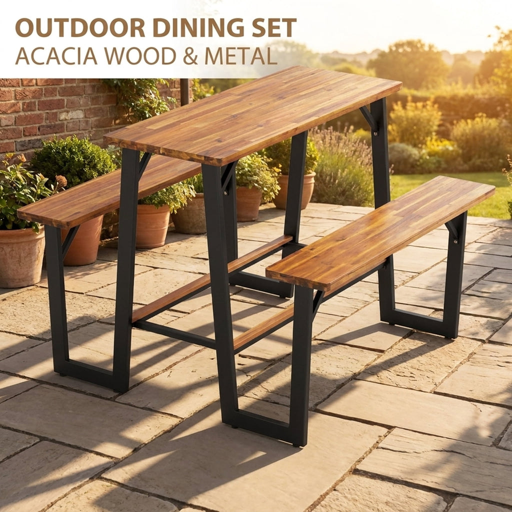 Biotree Patio Picnic Table Bench Set with Acacia Wood Tabletop and Benchtop, Black